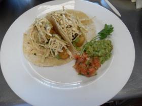 Fish Tacos with Green Chile Sauce, Guacamole, and Pico De Gallo